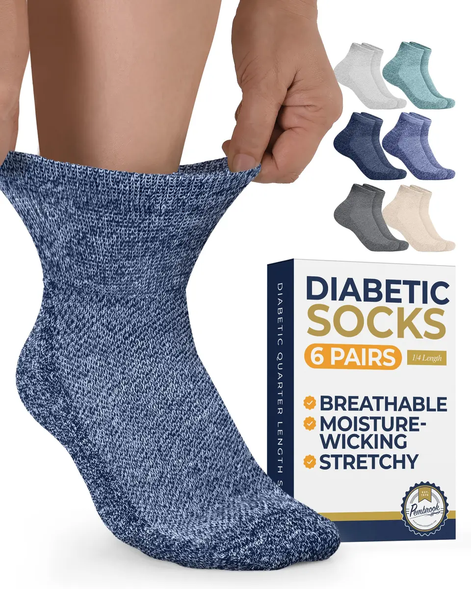 Pembrook Diabetic Socks for Men & Women - 6 Pairs Quarter Length, Medium | Unrestricted Foot Comfort & Breathable - main product image