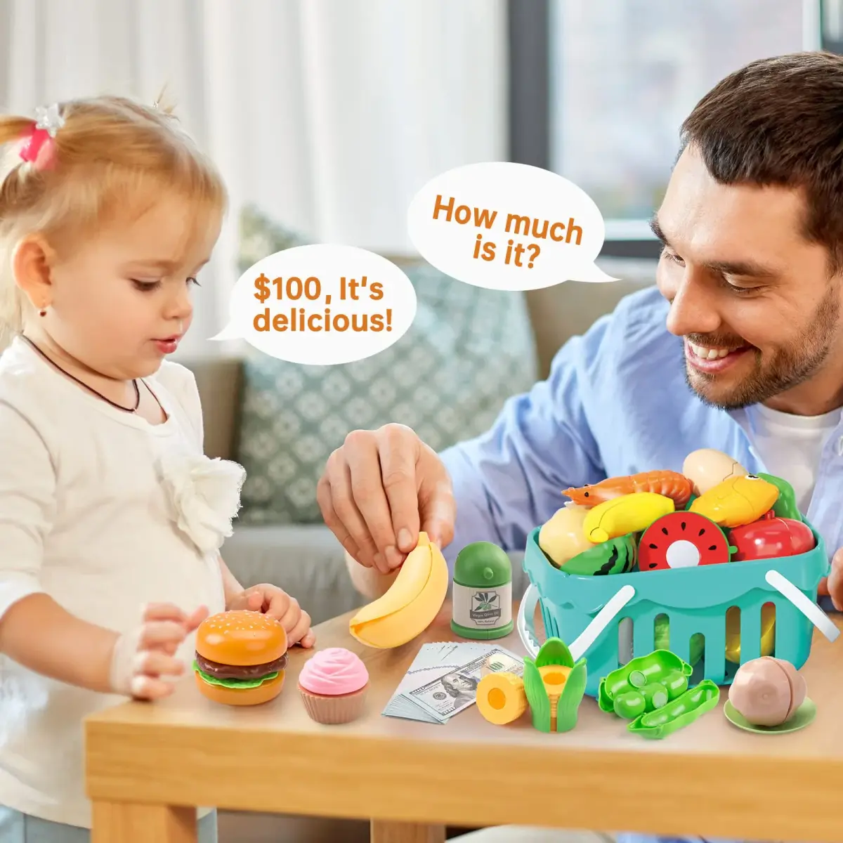 Funpynani Pink 130Pcs Pretend Play Kitchen Playset | Realistic Cutting Food, Utensils & Shopping Basket - view 7