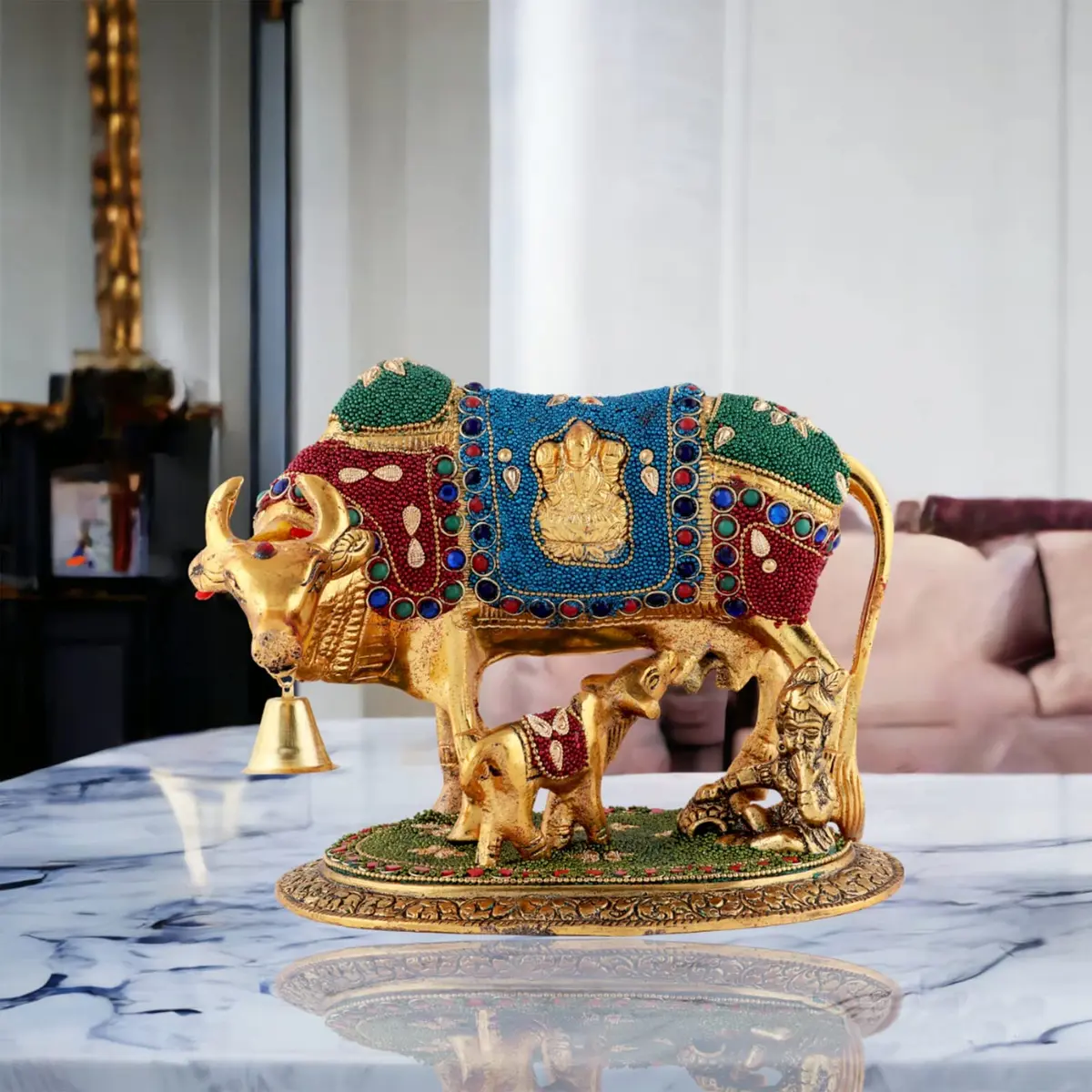 Kalakriti Metal Kamdhenu Cow and Calf Idol 1 kg | Religious Decor for Pooja Room & Living - view 4