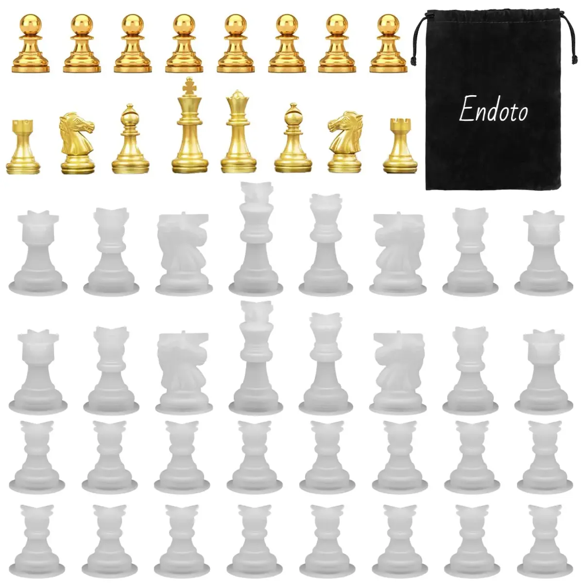 Endoto 3D Chess Piece Resin Mold Set, 32 Pieces Full Size Silicone Casting Kit | For Epoxy Resin & Home Decor - main product image