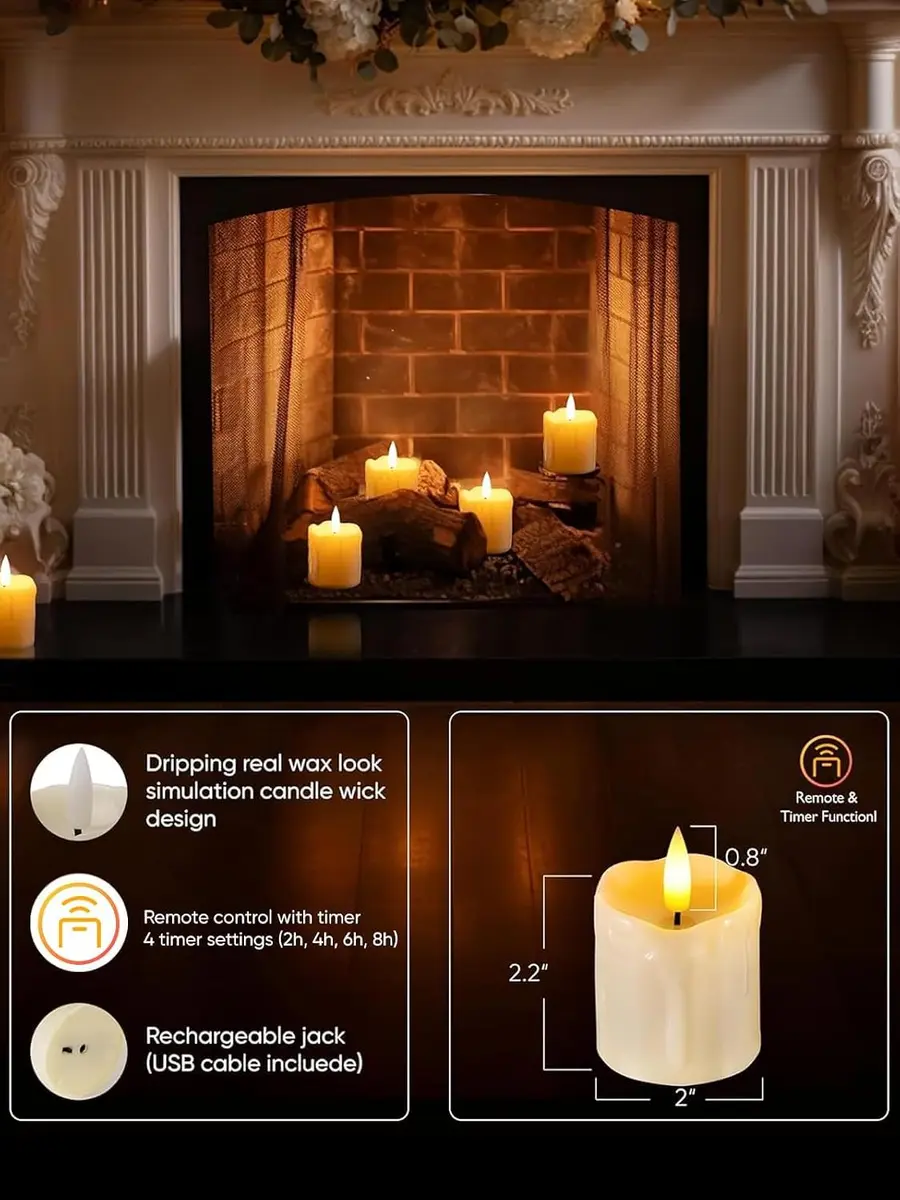 Homemory Rechargeable Flameless Votive Candles 2" x 2" | Remote Timer, 6 Pack, Battery & USB Powered - view 3