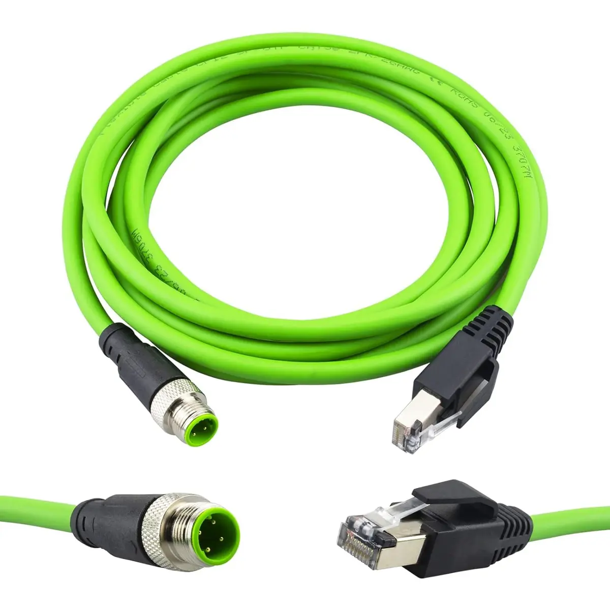 Lonlonty M12 4 Pin D-Code Male to RJ45 Male Shielded Cable Assembly, Cat5e 26 AWG 3.05m (10Ft) | Industrial Ethernet Patch Cord - main product image