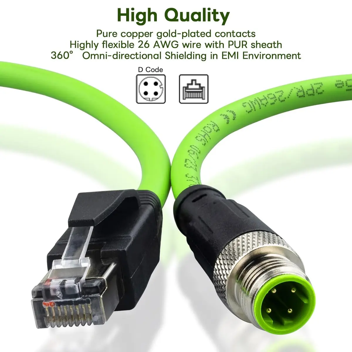 Lonlonty M12 4 Pin D-Code Male to RJ45 Male Shielded Cable Assembly, Cat5e 26 AWG 3.05m (10Ft) | Industrial Ethernet Patch Cord - view 3