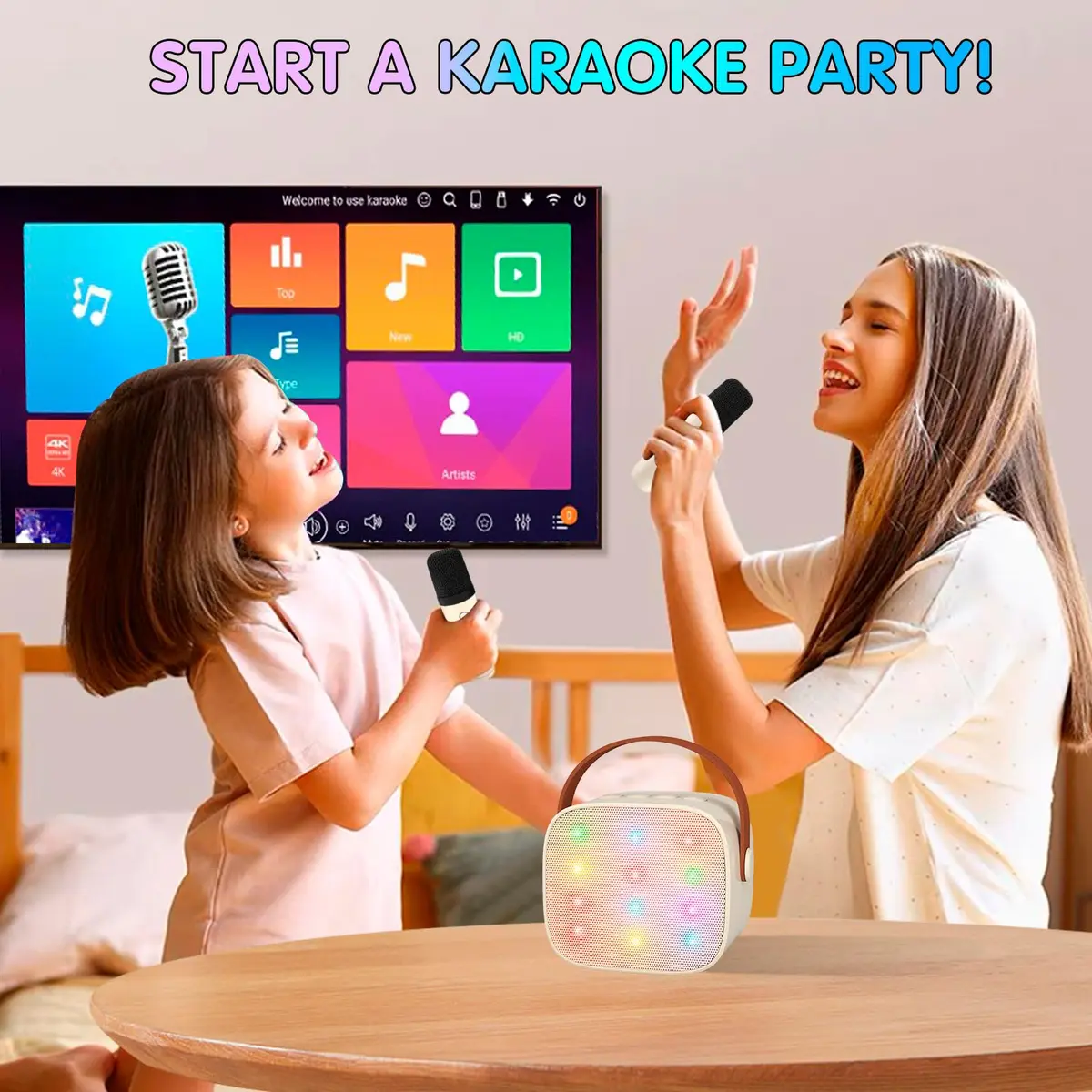 YLL Mini Karaoke Machine with 2 Wireless Microphones, Bluetooth Speaker for Kids & Adults (Cream) - view 5