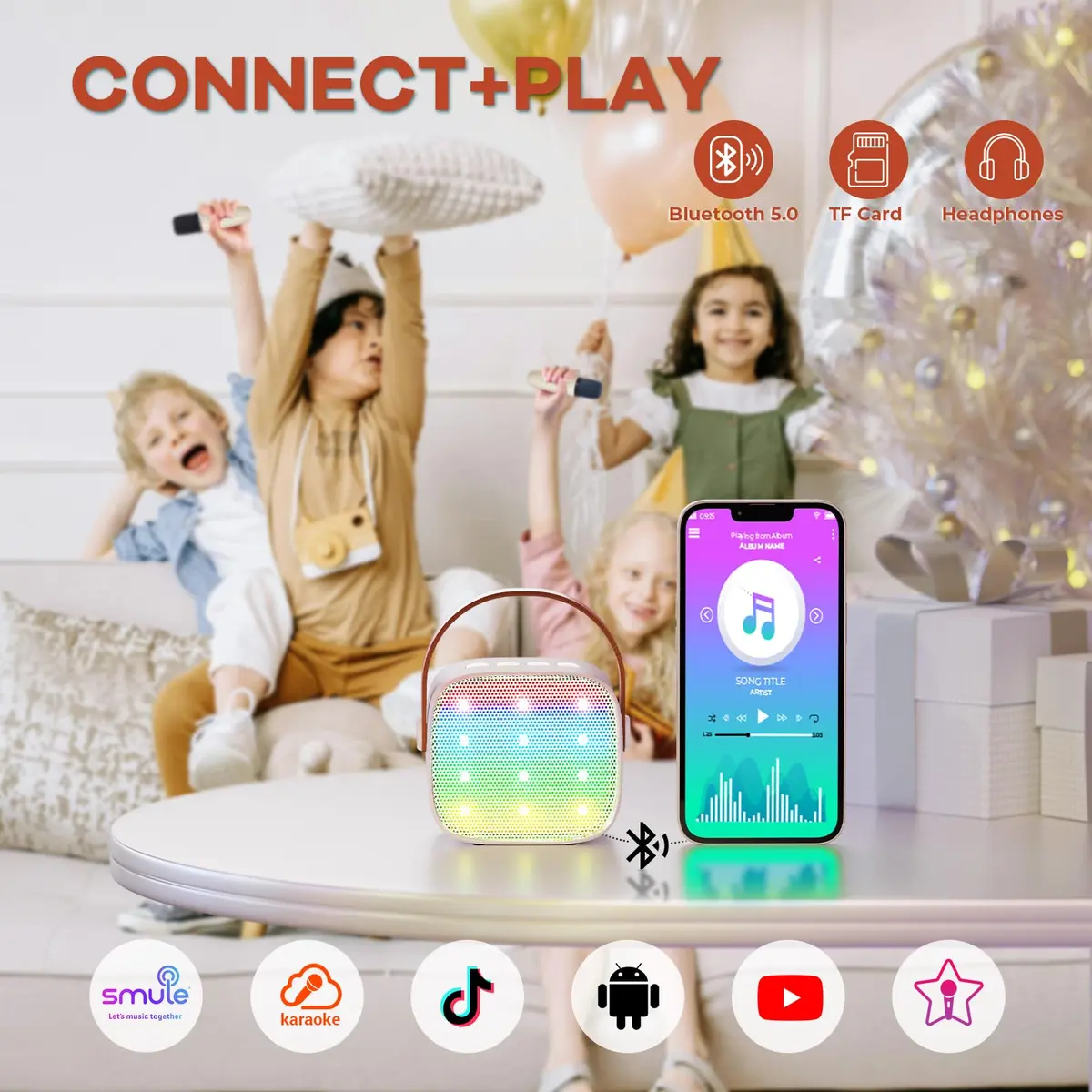 YLL Mini Karaoke Machine with 2 Wireless Microphones, Bluetooth Speaker for Kids & Adults (Cream) - view 4