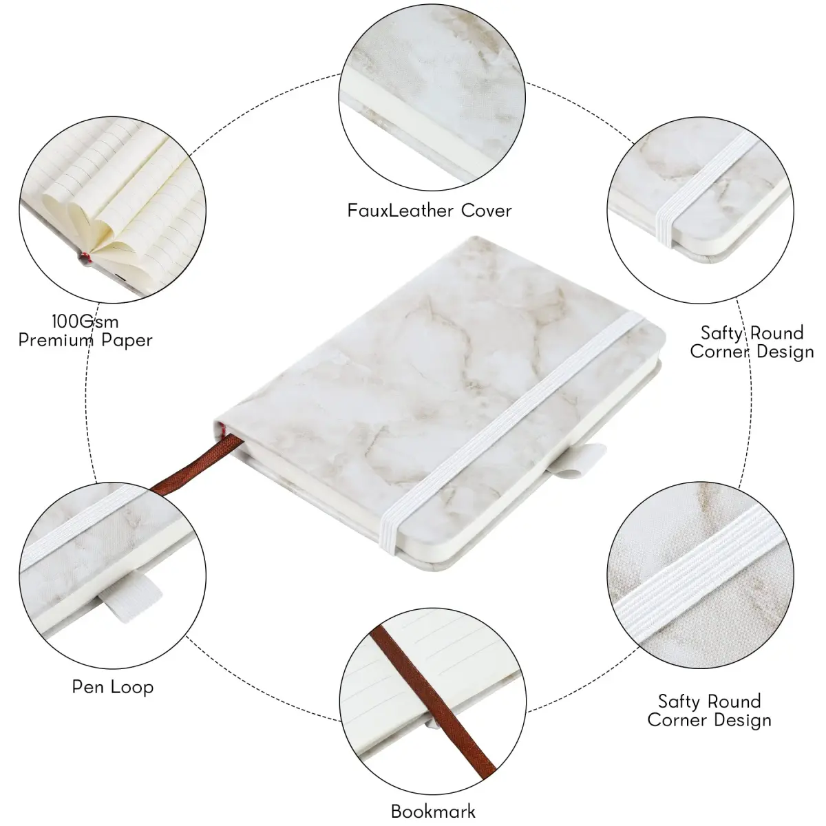Animusphere Marble Pocket Notebook Set 200 Pages (10.2 x 14.5 cm / 4 x 5.7 inches) | Soft Leather Cover, Pen Holder, Page Marker - view 7