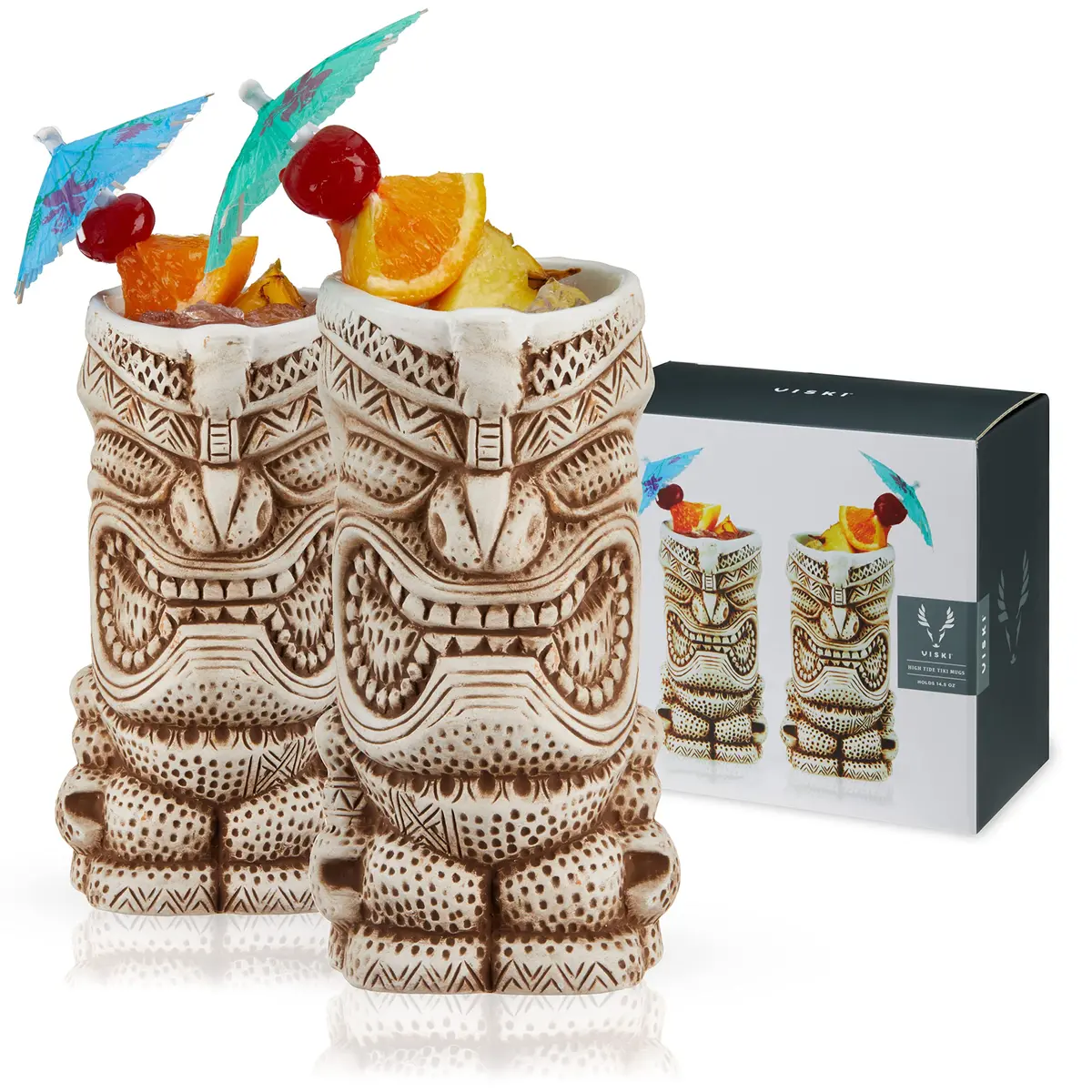 Viski High Tide Tiki Mugs - Hand Painted Ceramic Tiki Glasses for Cocktails - Tiki Barware 14.5oz Set of 2 White - main product image