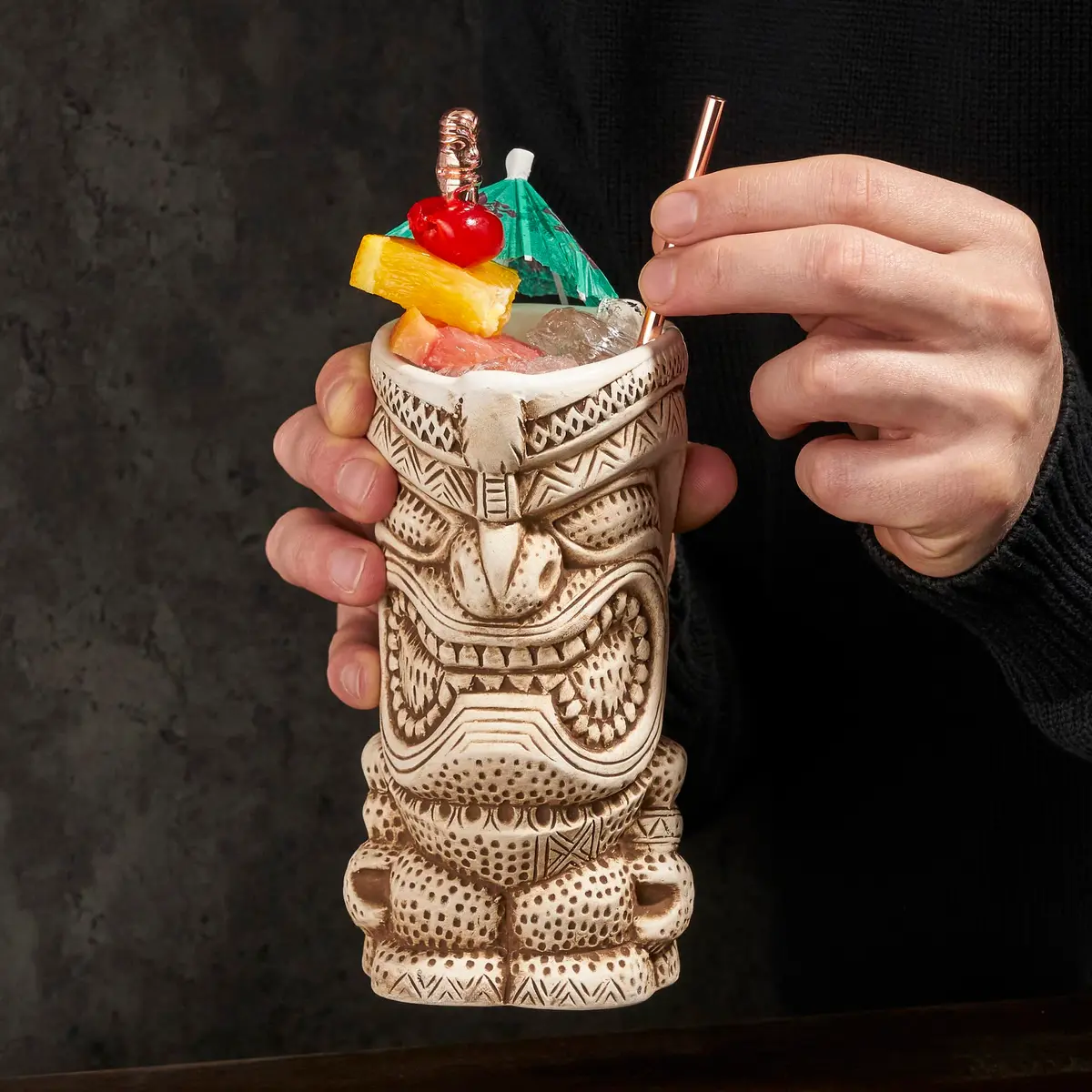 Viski High Tide Tiki Mugs - Hand Painted Ceramic Tiki Glasses for Cocktails - Tiki Barware 14.5oz Set of 2 White - view 5