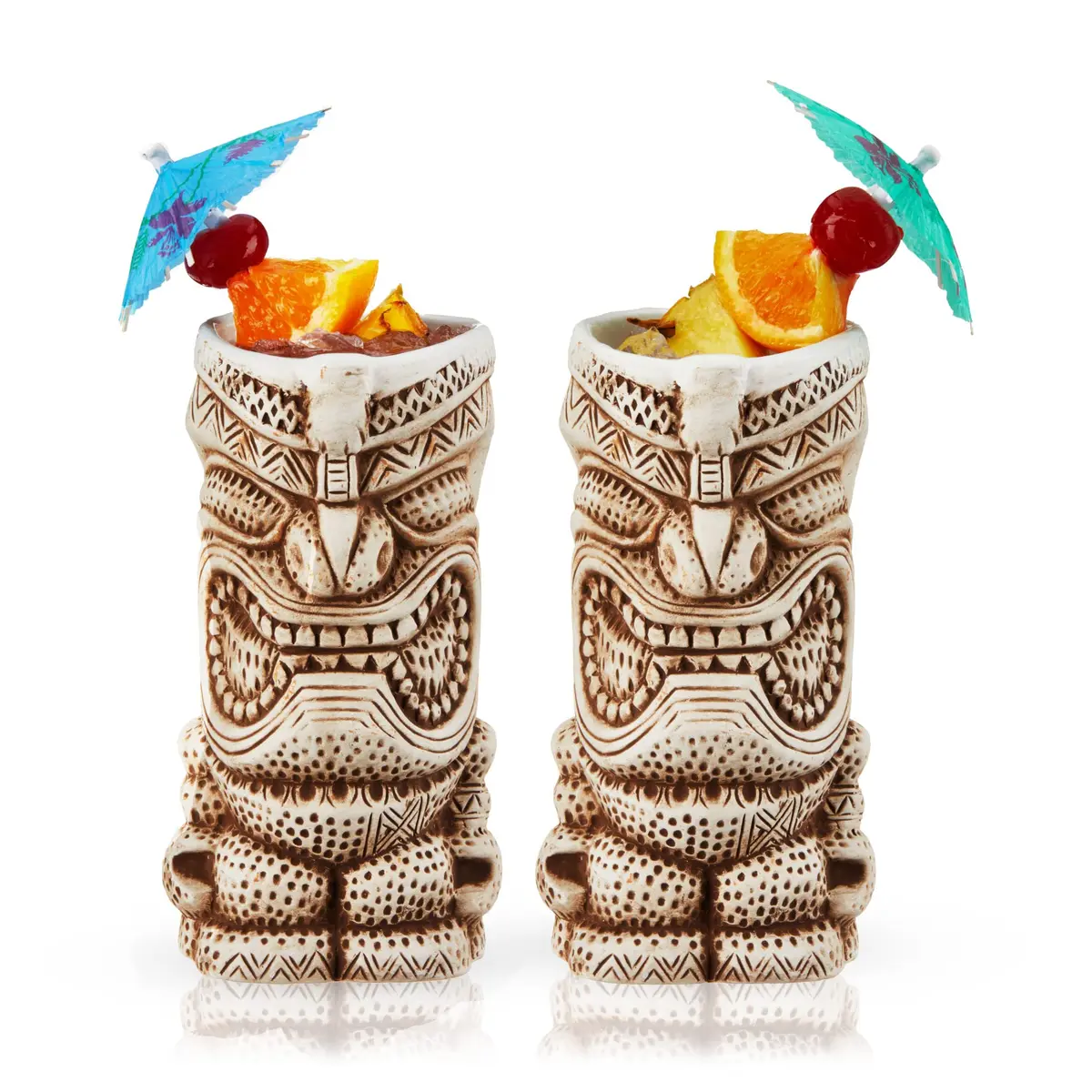 Viski High Tide Tiki Mugs - Hand Painted Ceramic Tiki Glasses for Cocktails - Tiki Barware 14.5oz Set of 2 White - view 7