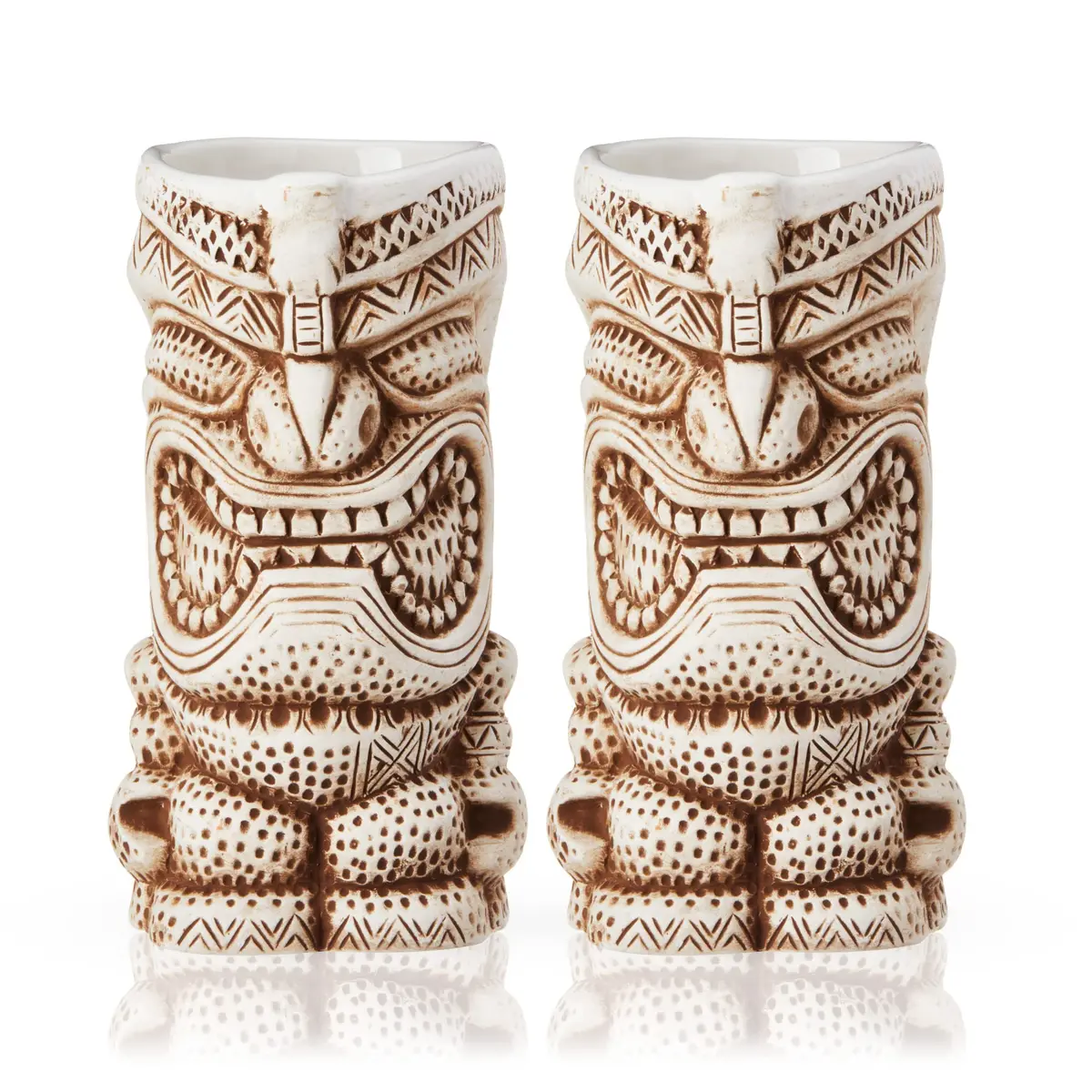 Viski High Tide Tiki Mugs - Hand Painted Ceramic Tiki Glasses for Cocktails - Tiki Barware 14.5oz Set of 2 White - view 8