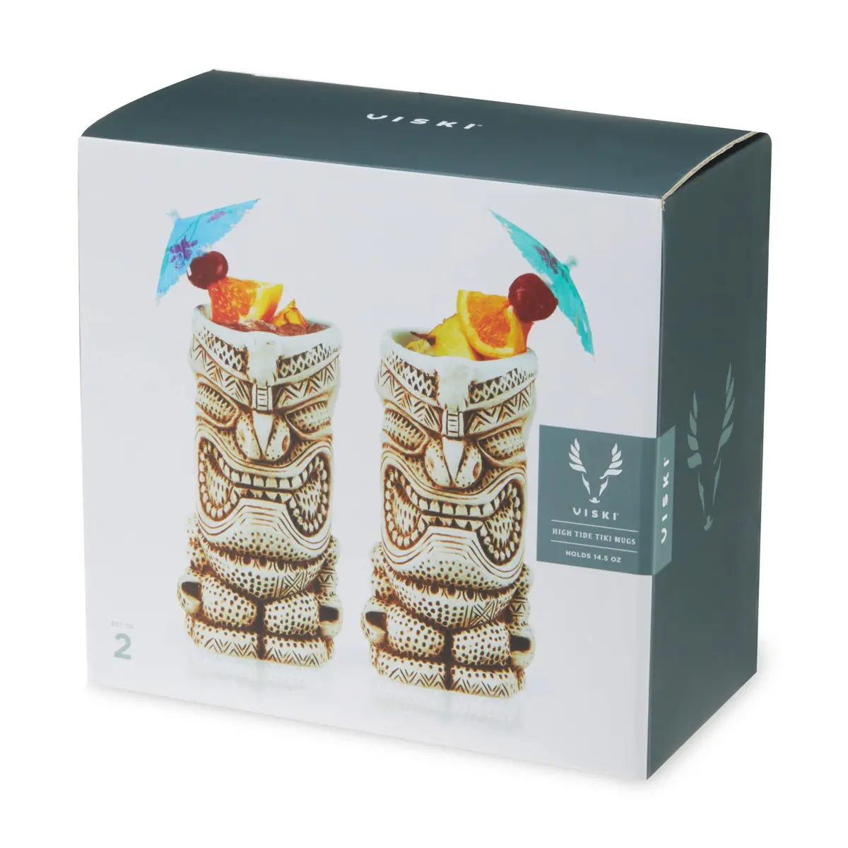 Viski High Tide Tiki Mugs - Hand Painted Ceramic Tiki Glasses for Cocktails - Tiki Barware 14.5oz Set of 2 White - view 9