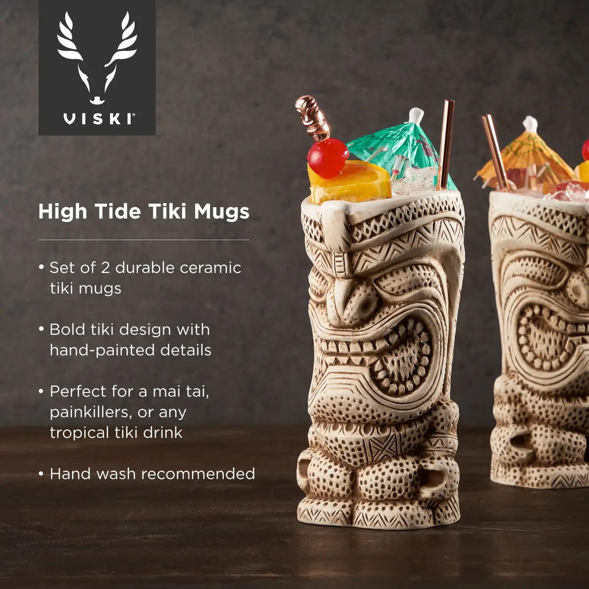 Viski High Tide Tiki Mugs - Hand Painted Ceramic Tiki Glasses for Cocktails - Tiki Barware 14.5oz Set of 2 White - view 2