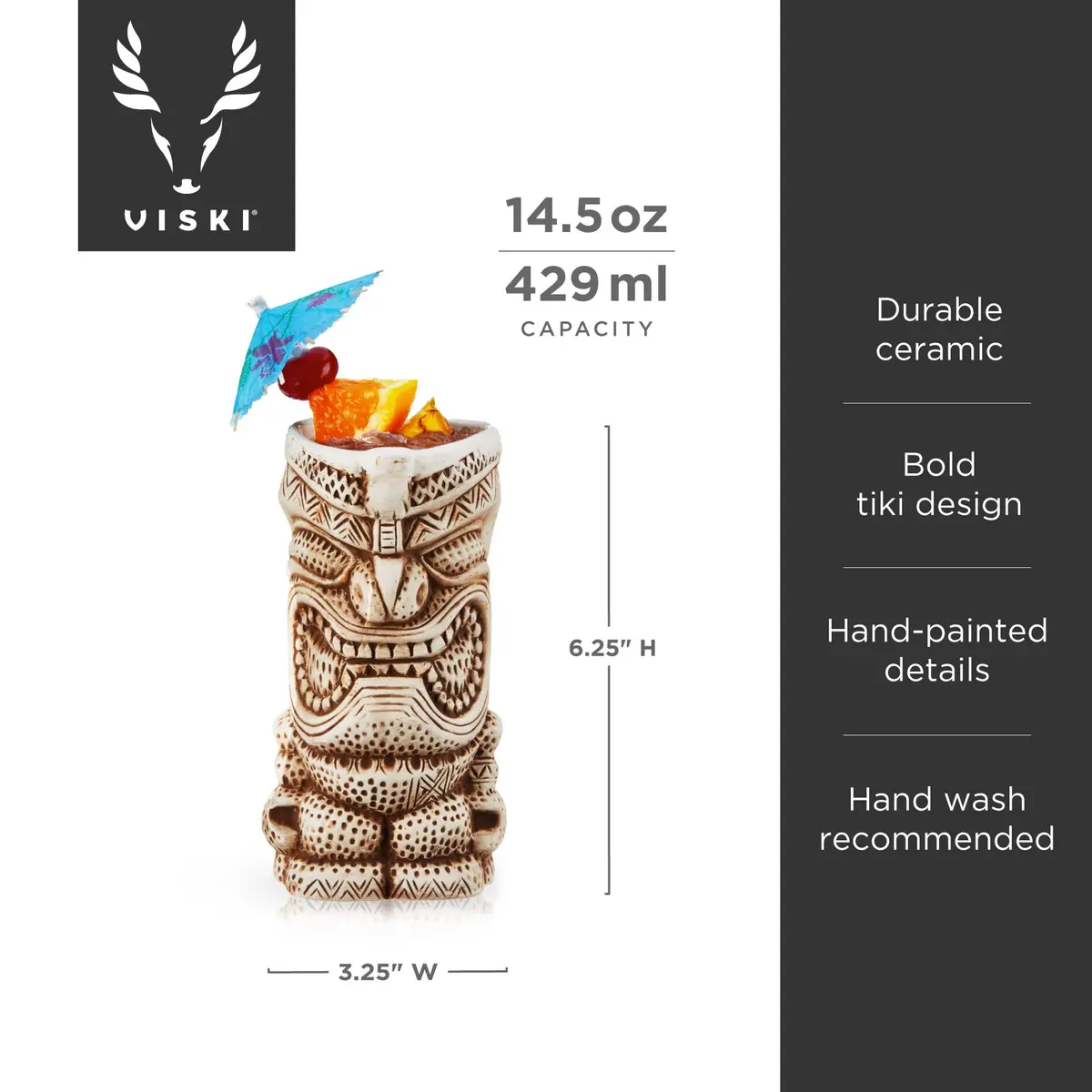Viski High Tide Tiki Mugs - Hand Painted Ceramic Tiki Glasses for Cocktails - Tiki Barware 14.5oz Set of 2 White - view 3