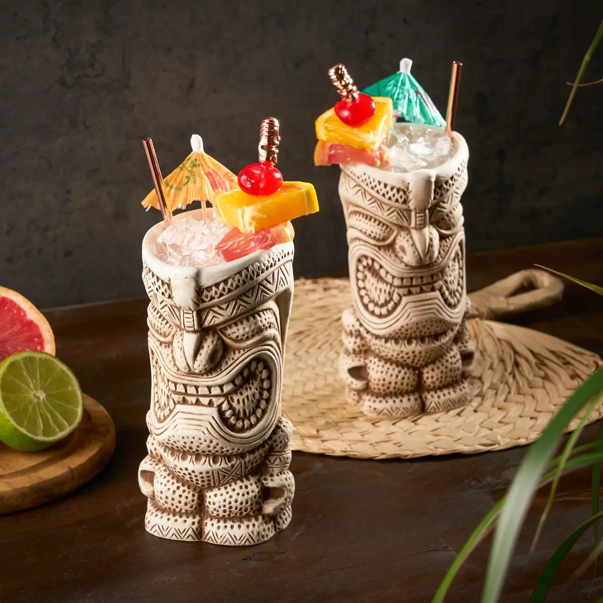 Viski High Tide Tiki Mugs - Hand Painted Ceramic Tiki Glasses for Cocktails - Tiki Barware 14.5oz Set of 2 White - view 4