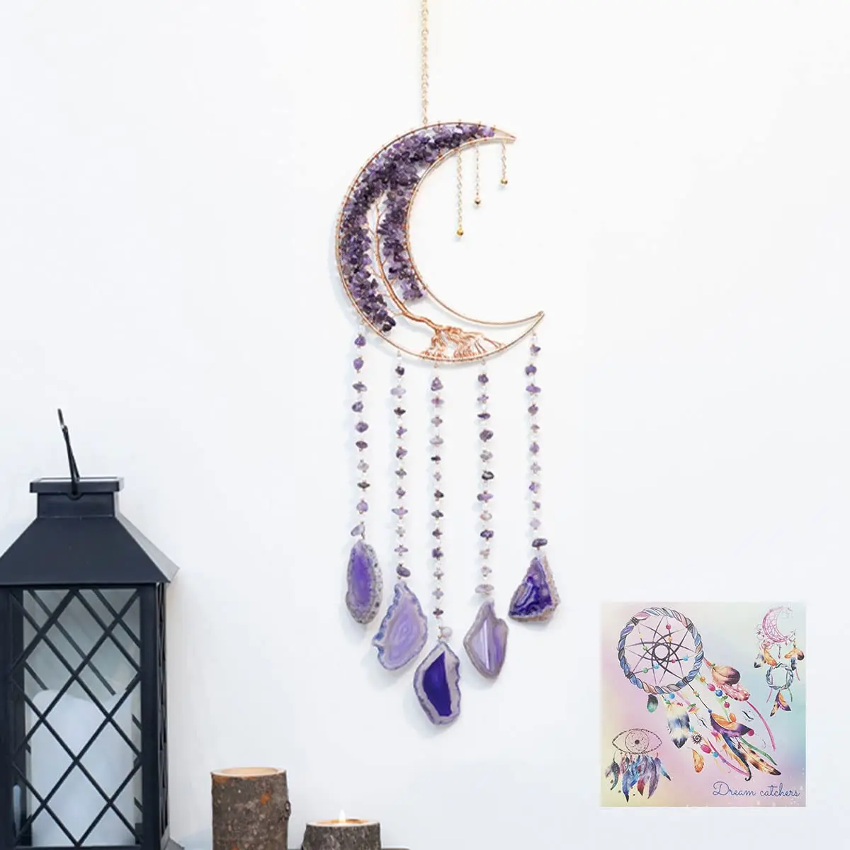 Dreamsum Moon Dream Catcher Tree of Life with Agate Stone Wall Hanging Decor | Handmade Boho Wall Art - main product image