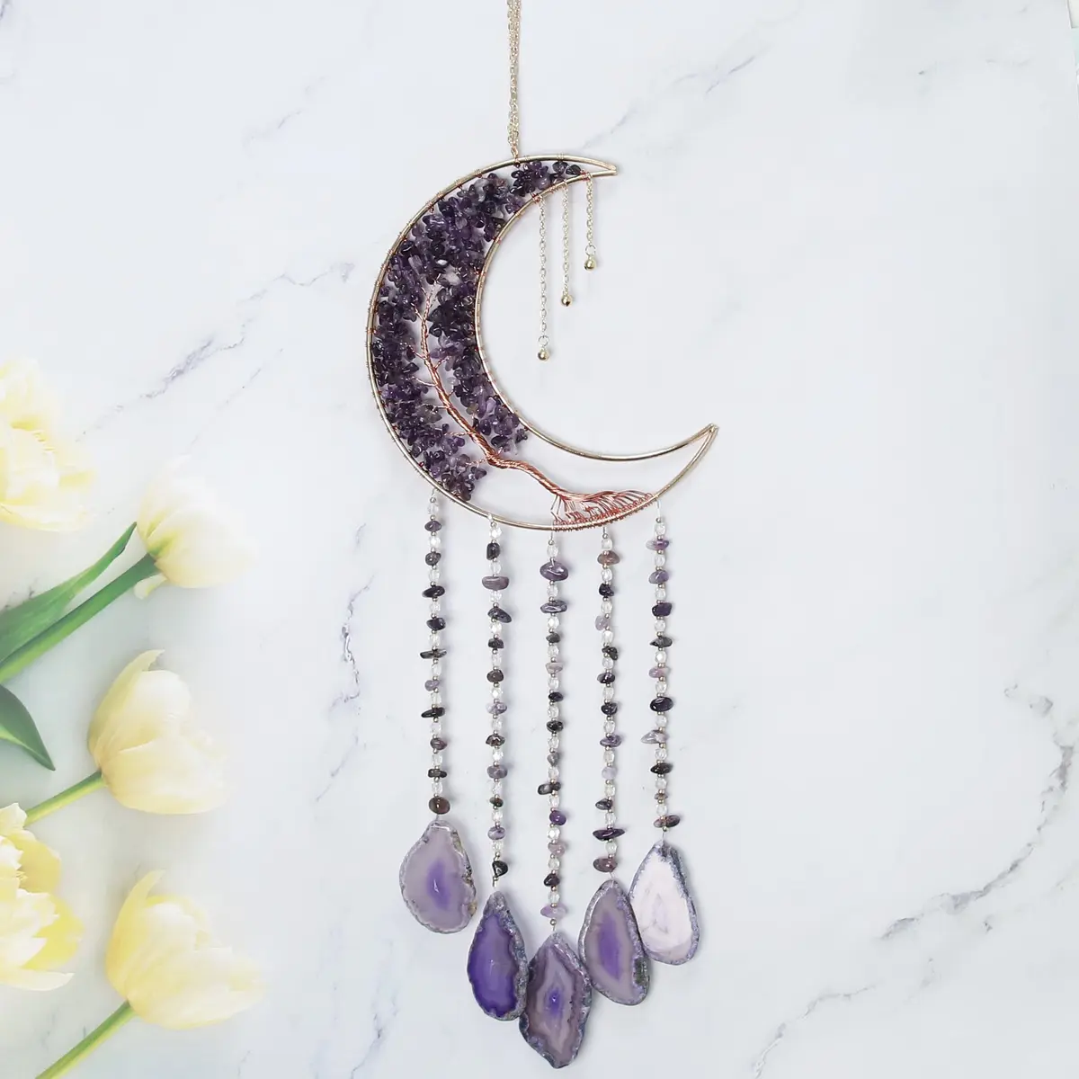Dreamsum Moon Dream Catcher Tree of Life with Agate Stone Wall Hanging Decor | Handmade Boho Wall Art - view 5