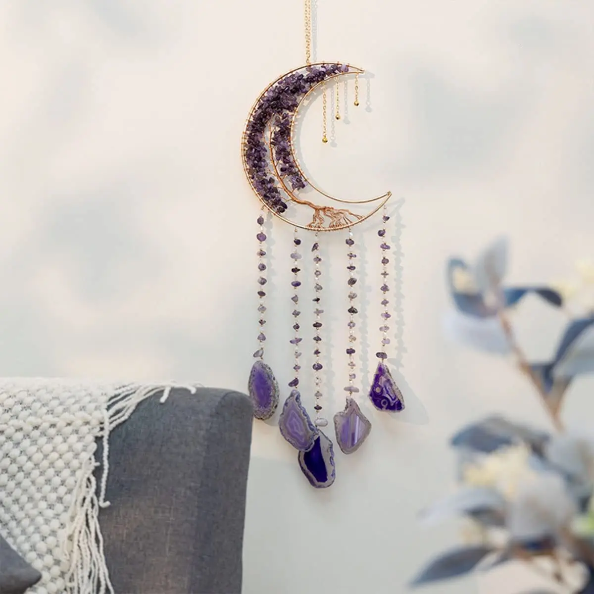 Dreamsum Moon Dream Catcher Tree of Life with Agate Stone Wall Hanging Decor | Handmade Boho Wall Art - view 7