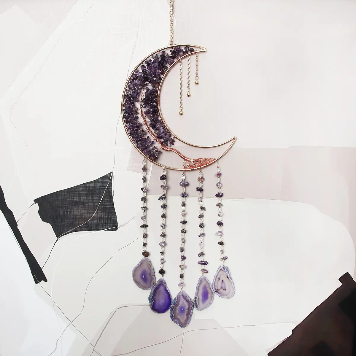 Dreamsum Moon Dream Catcher Tree of Life with Agate Stone Wall Hanging Decor | Handmade Boho Wall Art - view 8
