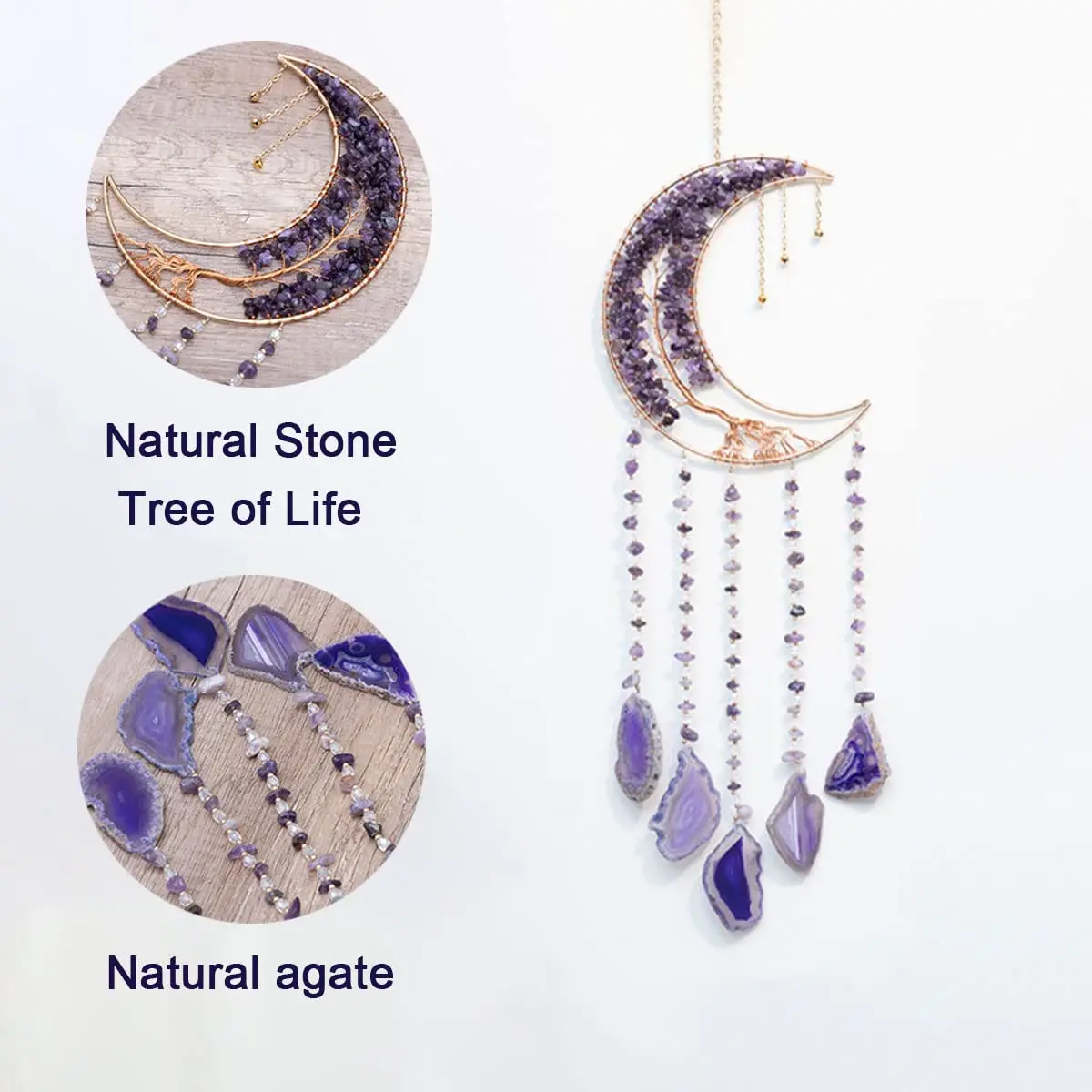 Dreamsum Moon Dream Catcher Tree of Life with Agate Stone Wall Hanging Decor | Handmade Boho Wall Art - view 2