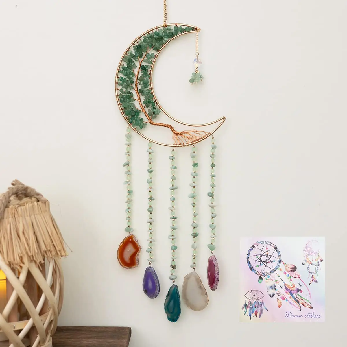 Dreamsum Green Agate Dream Catcher with Crystal Tree of Life | Handmade Home Decor (55CM x 16CM) - main product image