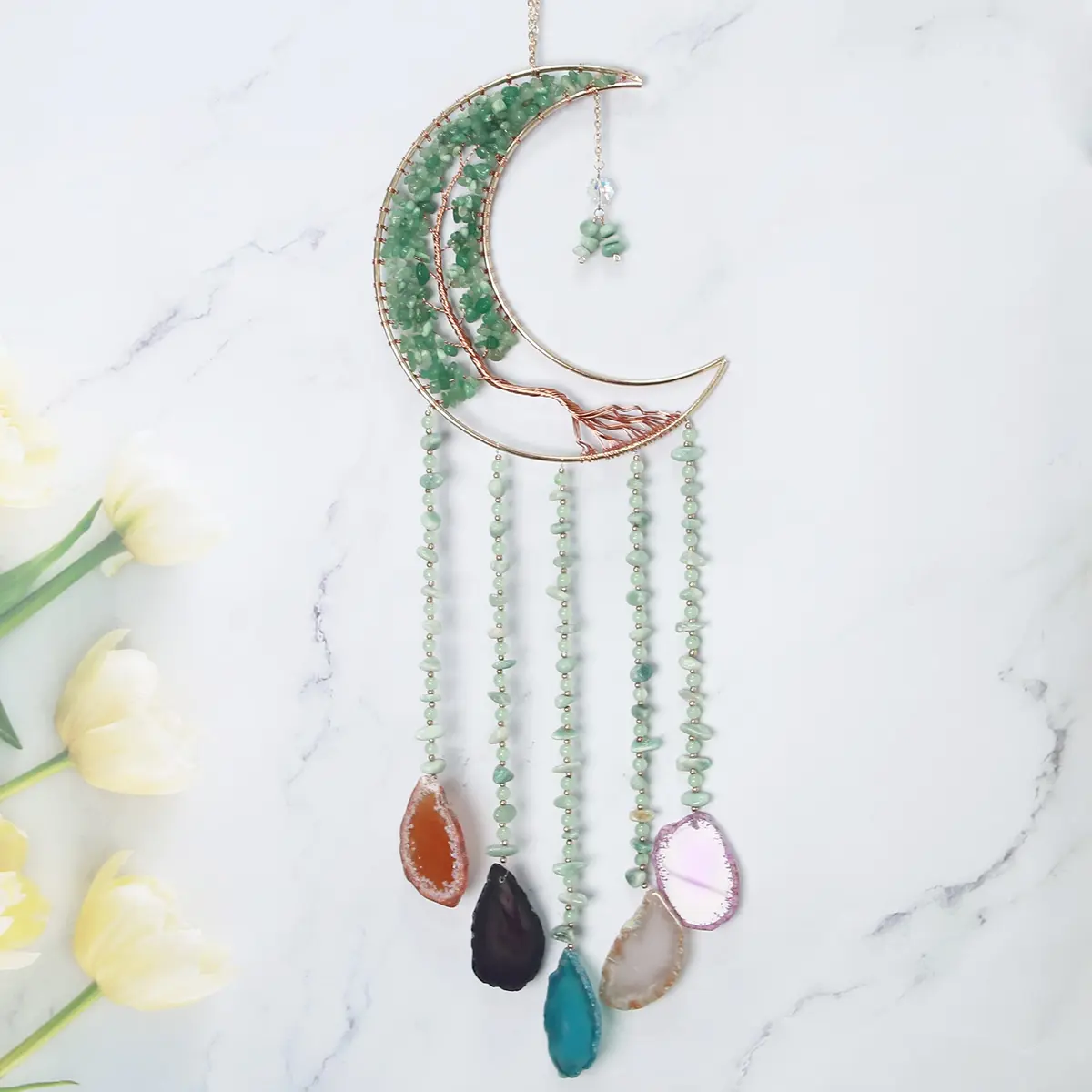 Dreamsum Green Agate Dream Catcher with Crystal Tree of Life | Handmade Home Decor (55CM x 16CM) - view 7