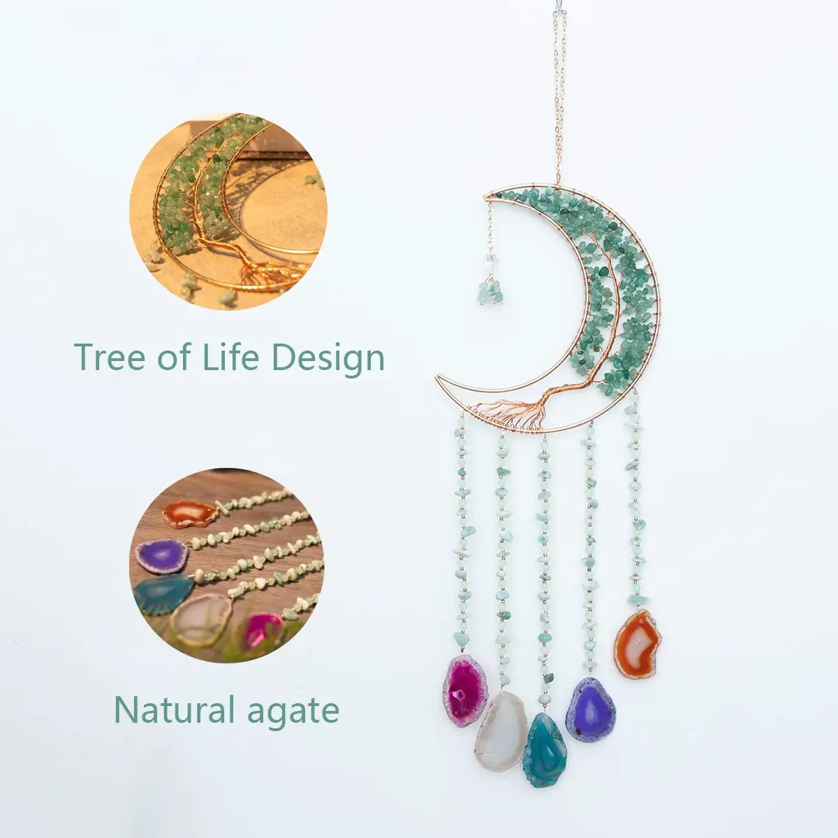 Dreamsum Green Agate Dream Catcher with Crystal Tree of Life | Handmade Home Decor (55CM x 16CM) - view 2