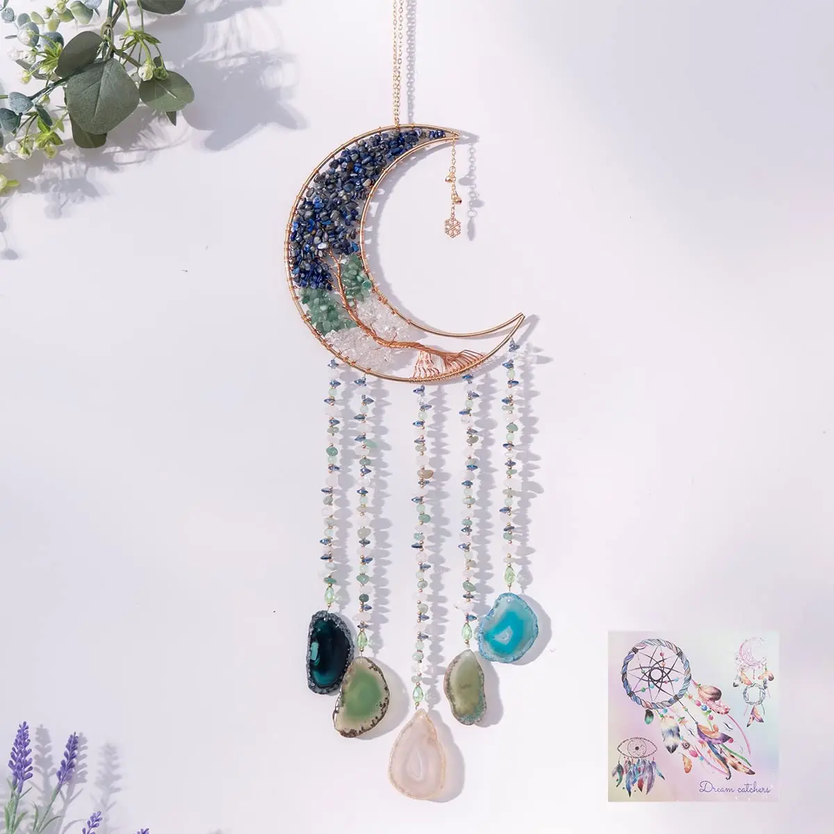 Dreamsum Handmade Dream Catcher Moon Decor with Tree of Life and Agate Pendant | Boho Wall Hanging with Rainbow Reflection - main product image