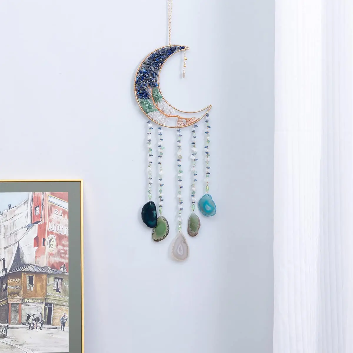 Dreamsum Handmade Dream Catcher Moon Decor with Tree of Life and Agate Pendant | Boho Wall Hanging with Rainbow Reflection - view 5