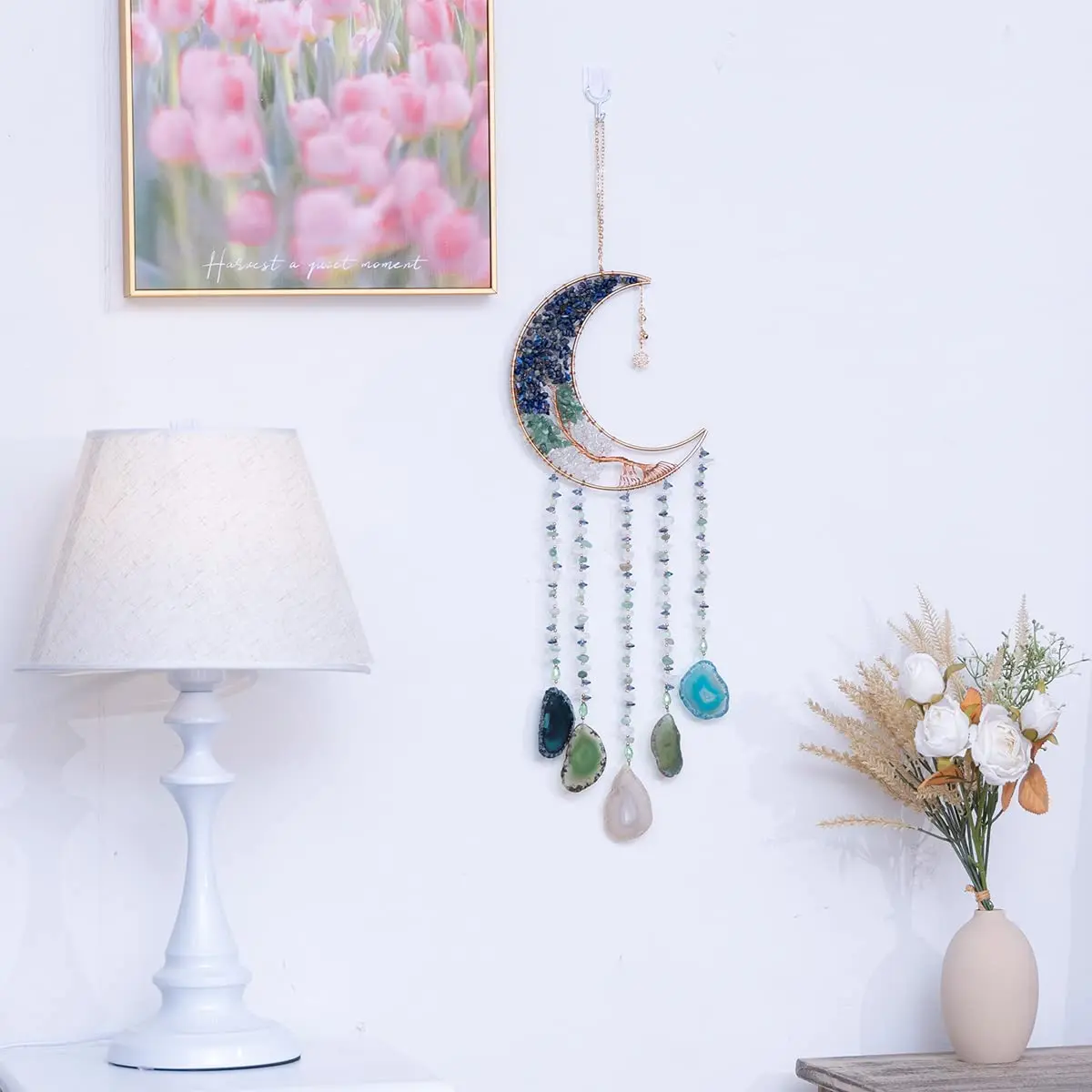 Dreamsum Handmade Dream Catcher Moon Decor with Tree of Life and Agate Pendant | Boho Wall Hanging with Rainbow Reflection - view 7