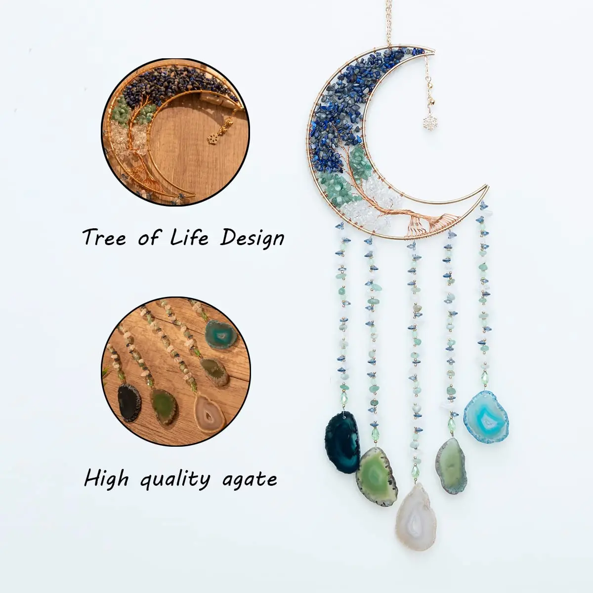 Dreamsum Handmade Dream Catcher Moon Decor with Tree of Life and Agate Pendant | Boho Wall Hanging with Rainbow Reflection - view 2
