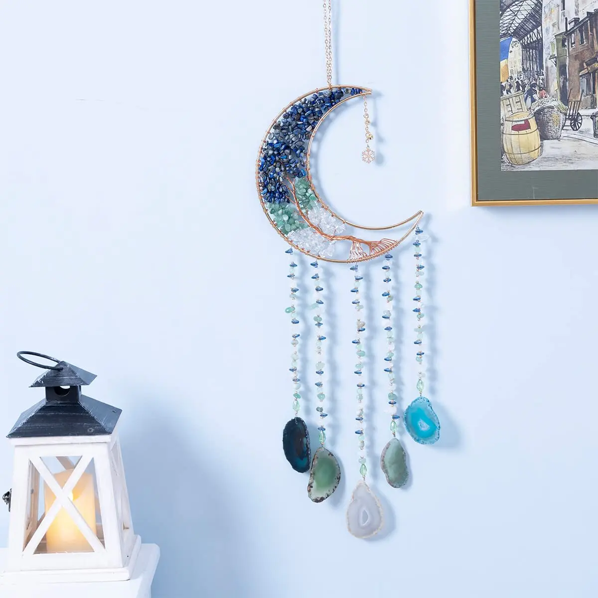 Dreamsum Handmade Dream Catcher Moon Decor with Tree of Life and Agate Pendant | Boho Wall Hanging with Rainbow Reflection - view 4