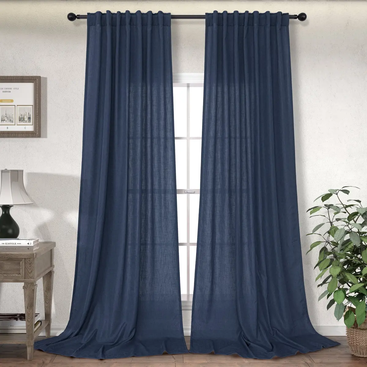 DANCURTON Navy Blue Curtains 52x84 | Light Filtering Linen Farmhouse Style - main product image