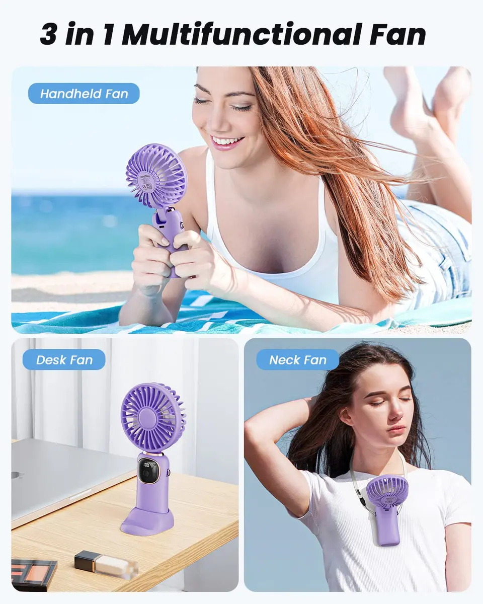 coldSky Portable Handheld Fan, 4000mAh Battery, 3-in-1, 5 Speed, Foldable, Digital Display, Quiet Operation, for Travel & Office - view 2