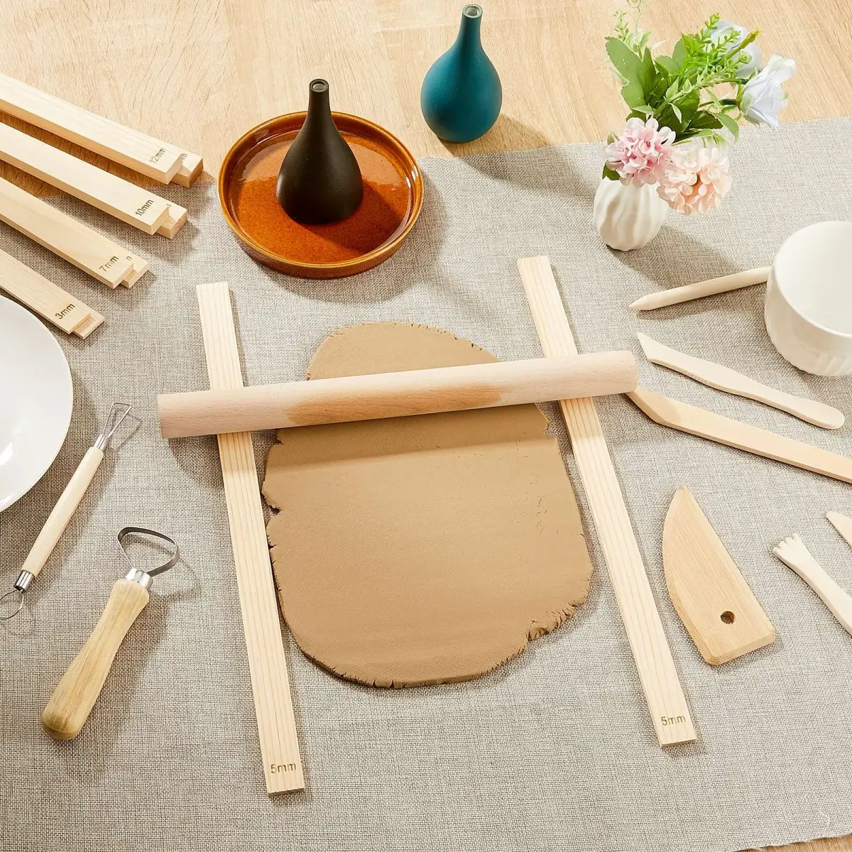 Sasylvia 10 Pcs Wood Clay Pottery Rolling Pin Guides Set, 34cm (13.4in) Length | Essential for Flat Clay Slabs - view 7