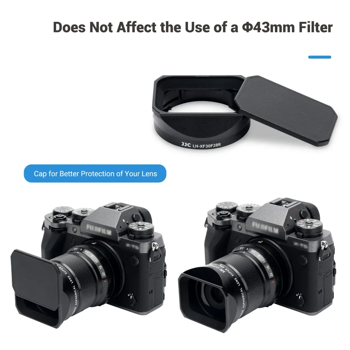 JJC Square Metal Lens Hood Shade for Fujifilm XF 30mm f/2.8 R LM WR Macro Lens with Protective Cap | 43mm Filter Compatible - view 6