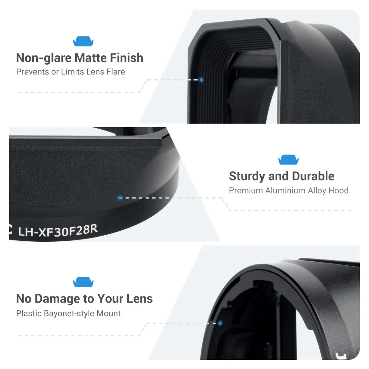 JJC Square Metal Lens Hood Shade for Fujifilm XF 30mm f/2.8 R LM WR Macro Lens with Protective Cap | 43mm Filter Compatible - view 4