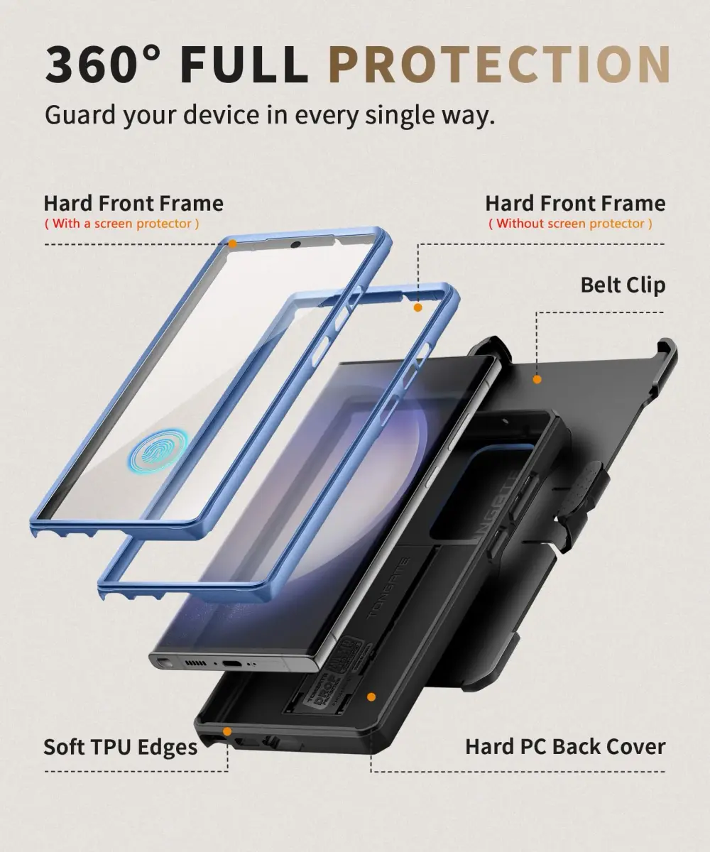 TONGATE for Samsung Galaxy S23 Ultra Case with Slide Camera Cover, Built-in Screen Protector & Kickstand, Blue - view 5