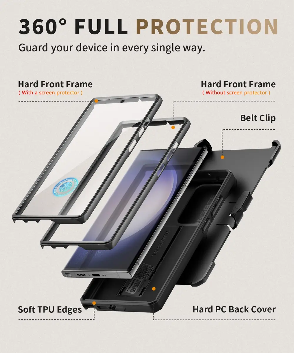 TONGATE Black Case for Samsung Galaxy S23 Ultra | Slide Camera Cover, Kickstand, Belt Clip, 2 Front Frames - view 5