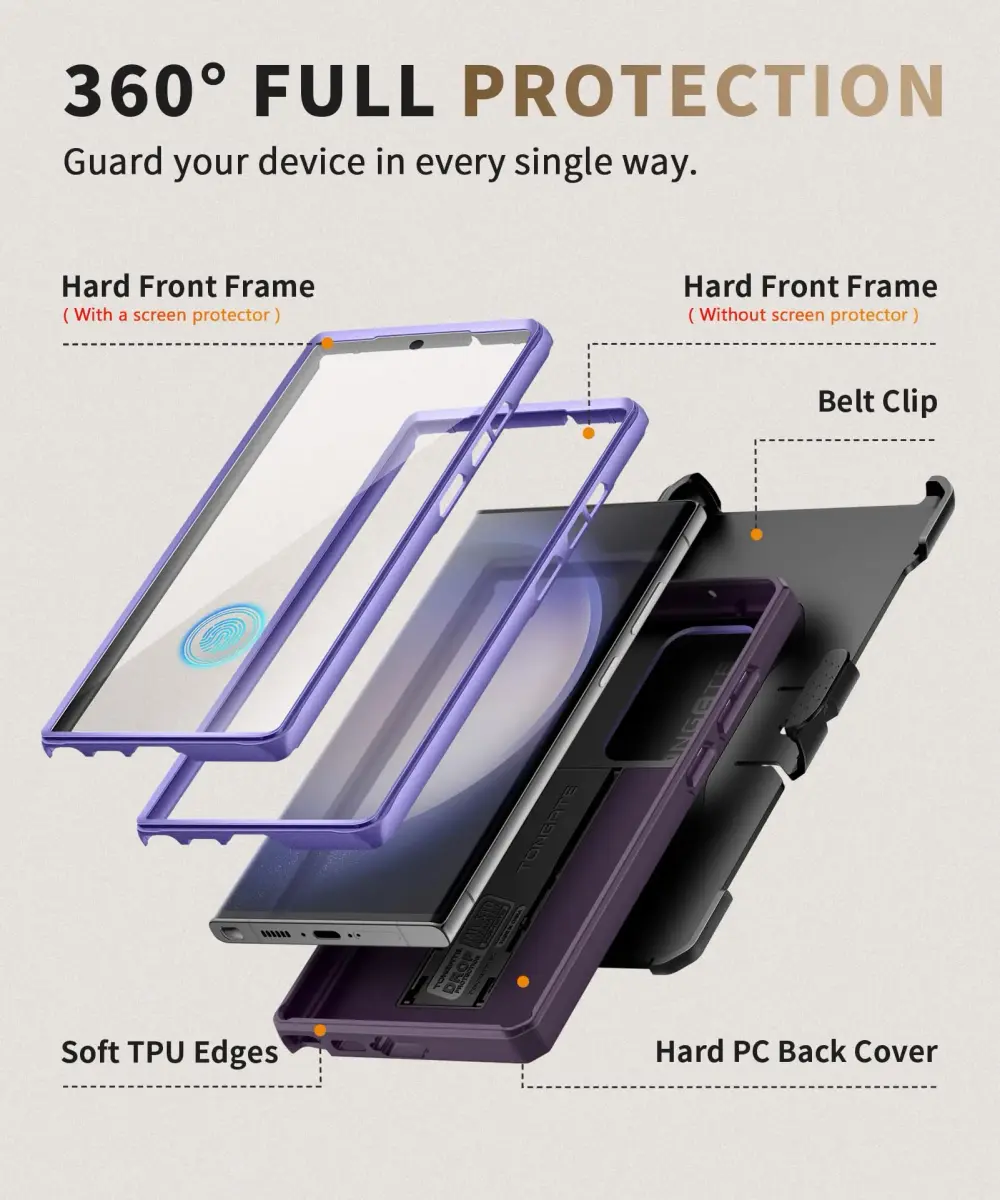 TONGATE Purple Case for Samsung Galaxy S23 Ultra | Slide Camera Cover, Kickstand, Belt Clip, 2 Front Frames - view 5