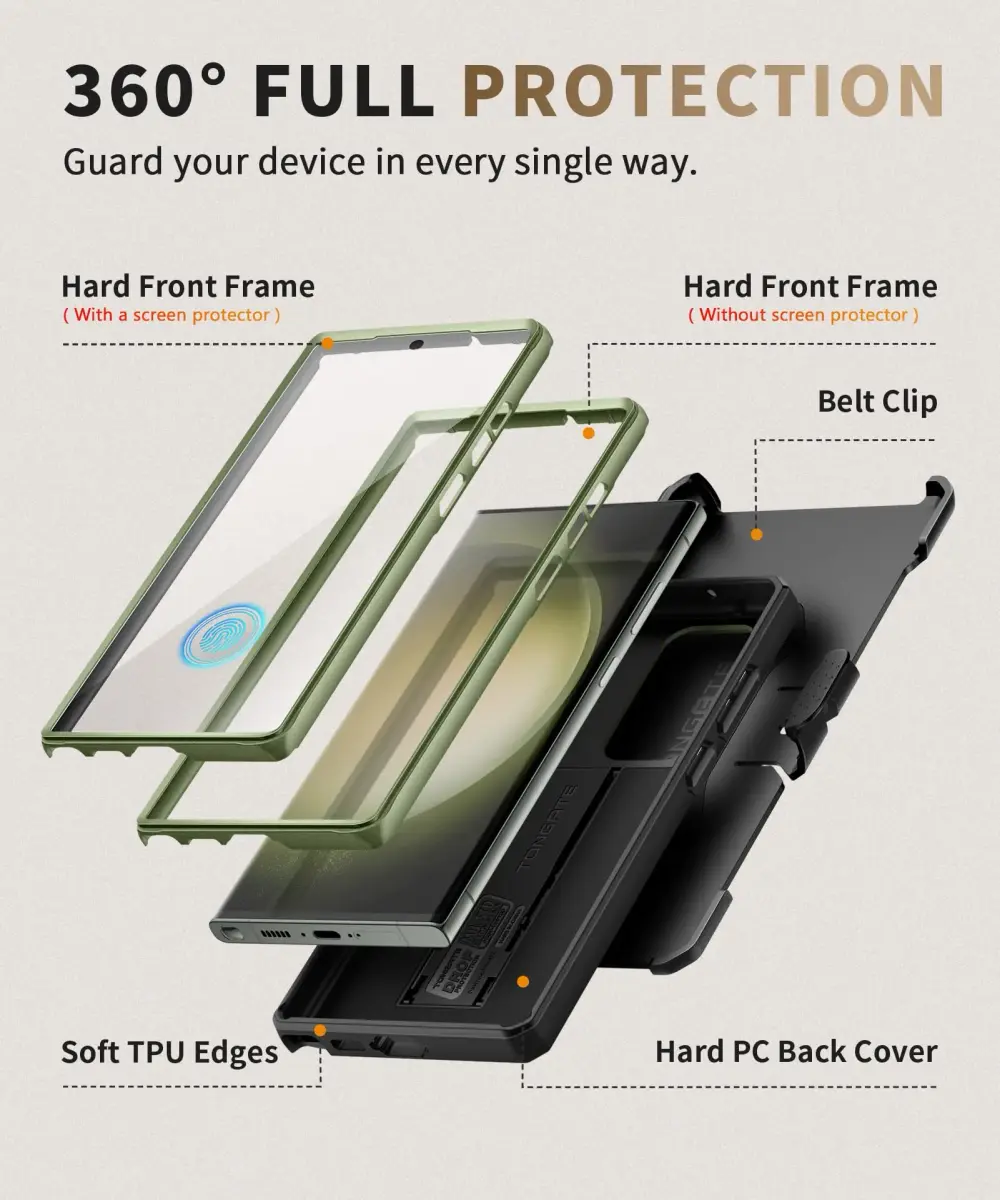 TONGATE Green Case for Samsung Galaxy S23 Ultra | 2 Front Frames & Stand, Military Grade Drop Protection - view 5