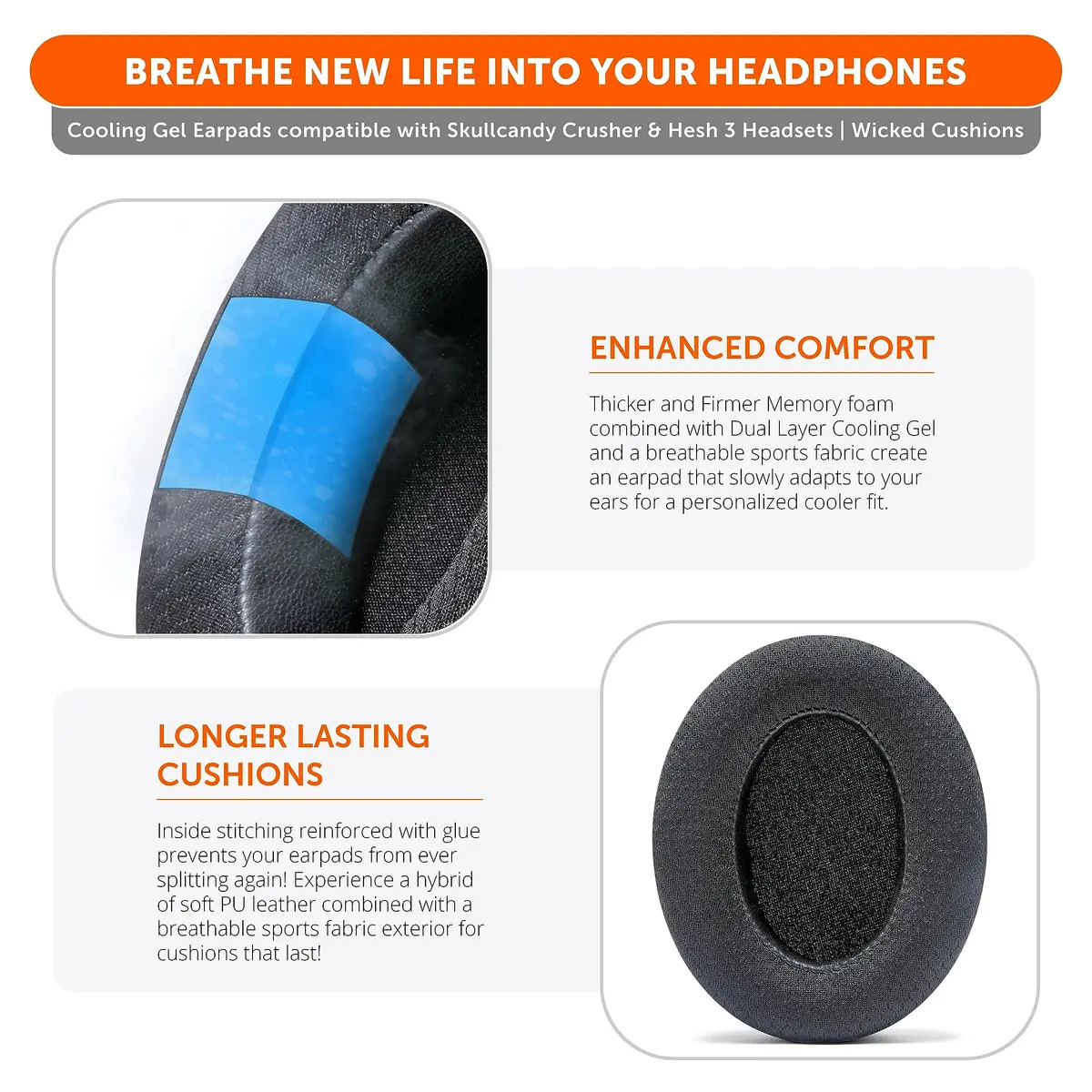 WC Freeze Crusher Cooling Gel Earpads for Skullcandy Crusher & Hesh 3 (2-Pack, Black) - view 4