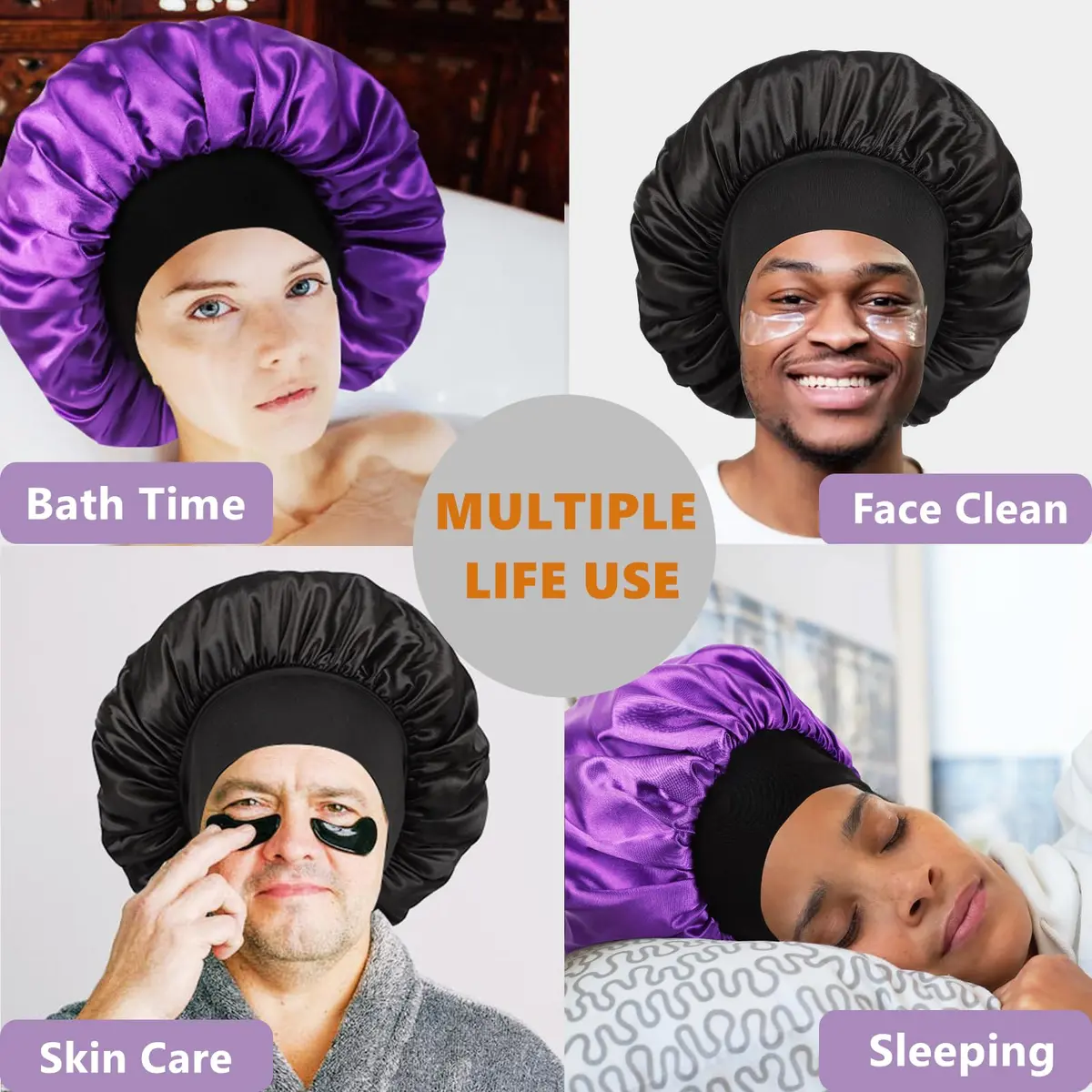 Himoswis Satin Bonnet for Sleeping Men & Women | Black/Purple (1 Piece) - view 5