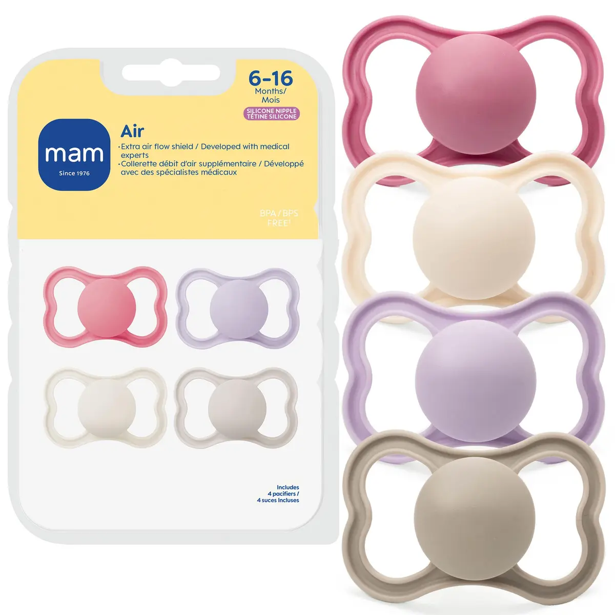 MAM Air Pacifier 6-16 Months, Extra Air Flow for Sensitive Skin, 4 Pack | Developed with Medical Experts, BPA-Free, Skin Soft Silicone - main product image