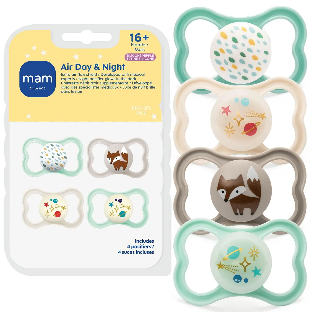 MAM Air Pacifier 16+ Months Extra Air Flow Sensitive Skin 4 Pack | Gentle Breathable Comfort - main product image