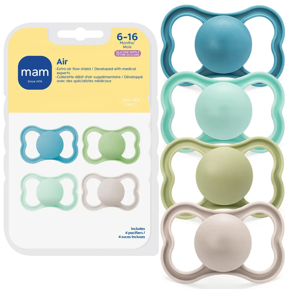 MAM Air Pacifier 6-16 Months, Extra Air Flow for Sensitive Skin, 4 Pack | Developed with Medical Experts, BPA-Free, Skin Soft Silicone, Made In Europe - main product image