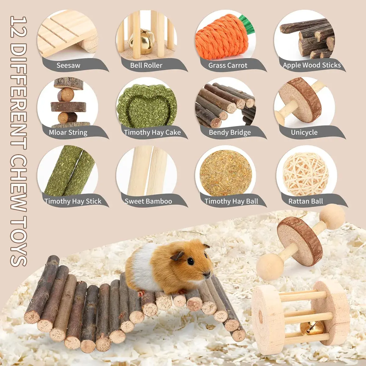 YIXUND Small Animal Chew Toys Set | 12 Different Molar & Activity Toys for Hamsters, Guinea Pigs, Rabbits, Chinchillas - view 4