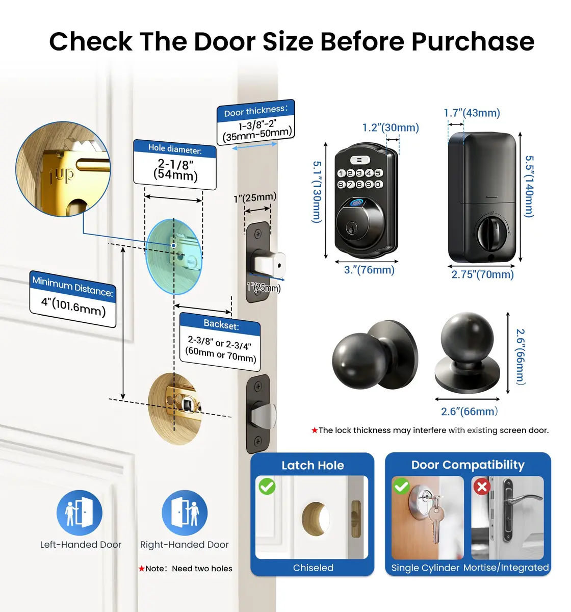 Veise KS02C Fingerprint Deadbolt Door Lock with Knob Set | Matte Black, Biometric & Keyless Entry (70-120 chars) - view 6