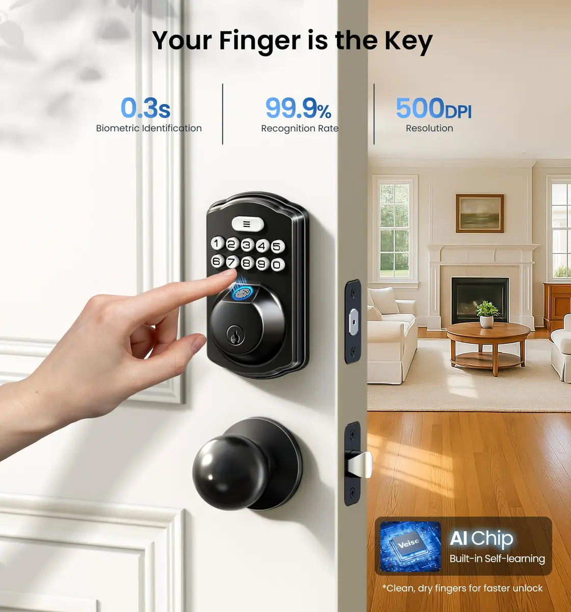 Veise KS02C Fingerprint Deadbolt Door Lock with Knob Set | Matte Black, Biometric & Keyless Entry (70-120 chars) - view 2