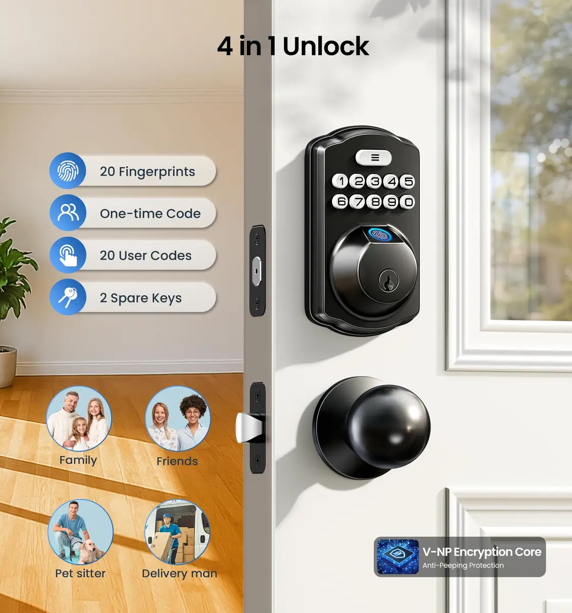 Veise KS02C Fingerprint Deadbolt Door Lock with Knob Set | Matte Black, Biometric & Keyless Entry (70-120 chars) - view 3