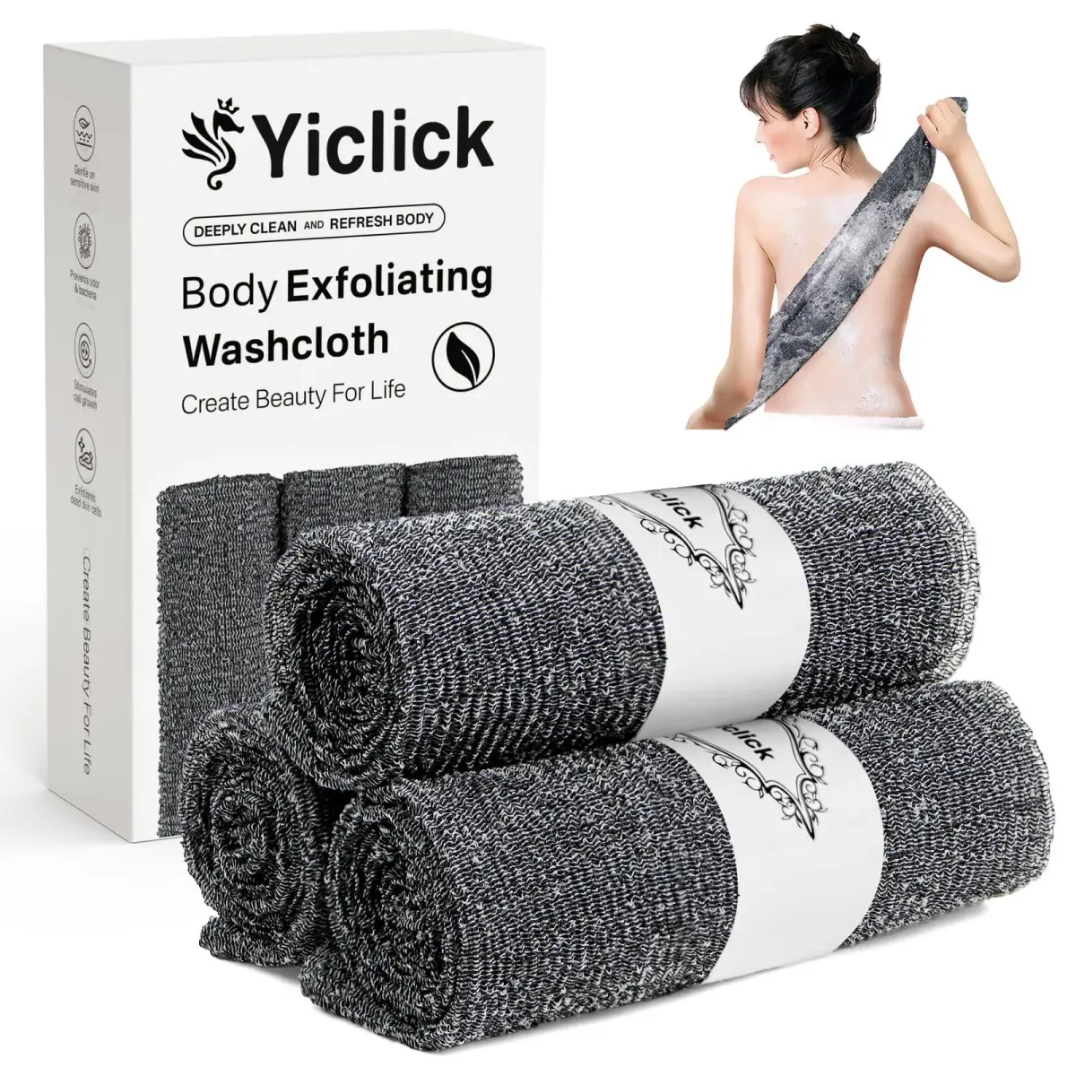 Yiclick Exfoliating Washcloth Towel Set 3 pcs Grey | Japanese Back Scrubber for Deep Exfoliation - main product image